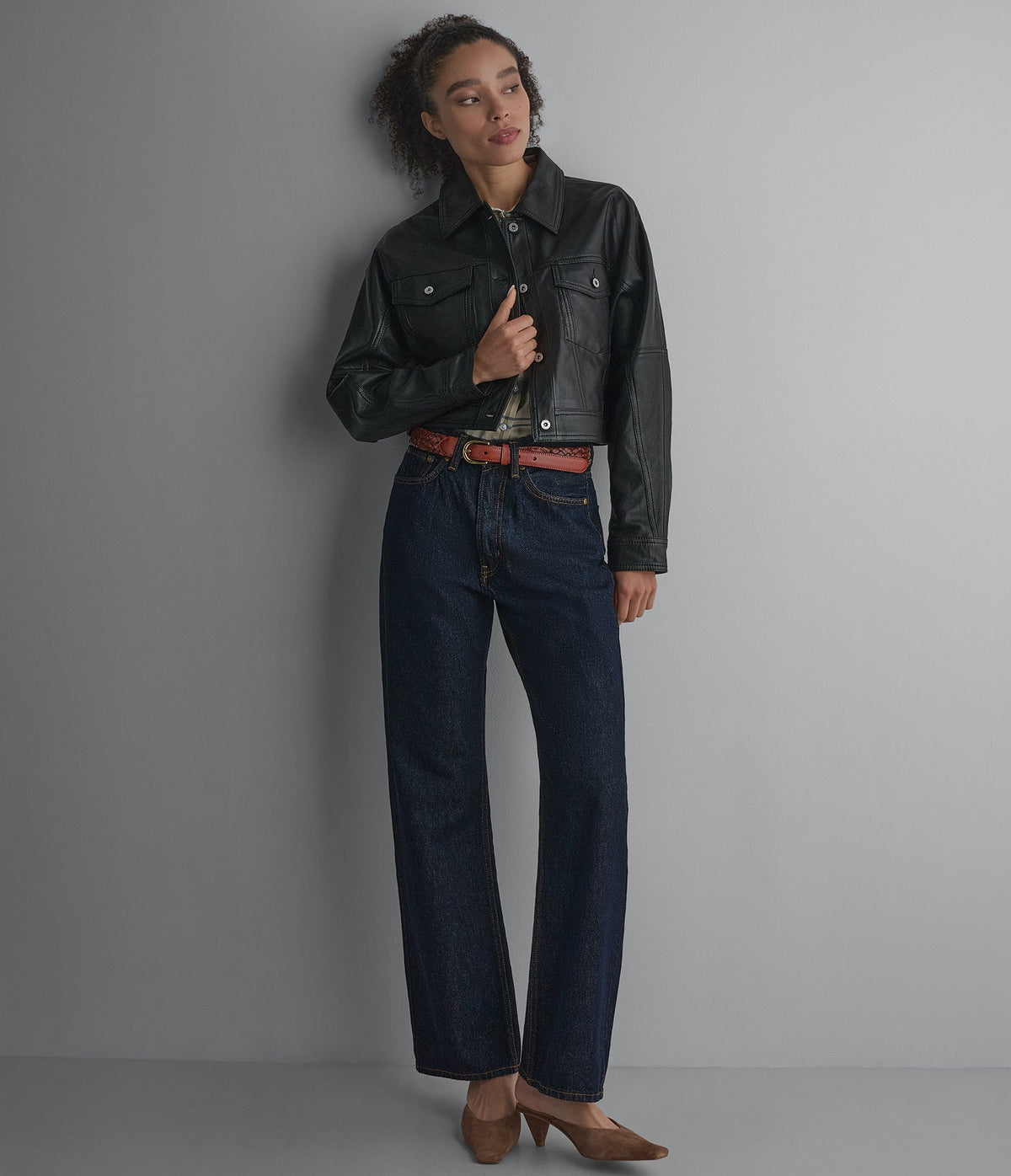 Jamie Dropped Shoulder Leather Trucker Jacket