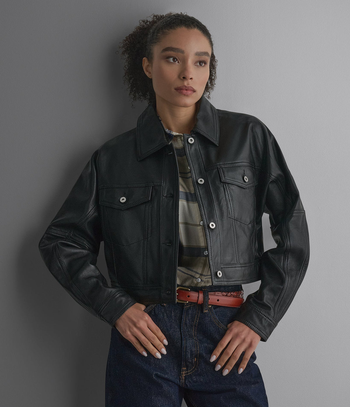 Jamie Dropped Shoulder Leather Trucker Jacket