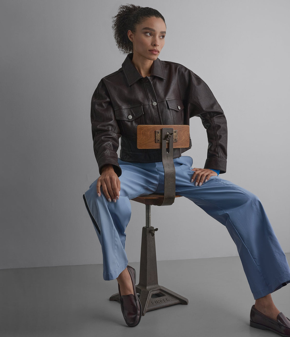 Jamie Dropped Shoulder Leather Trucker Jacket