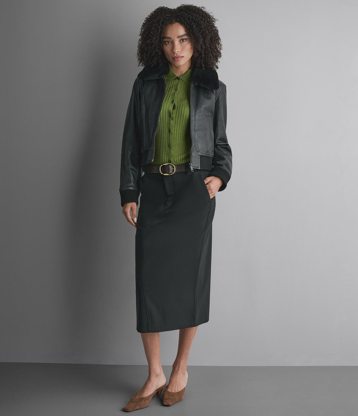 Avery Shearling Collar Leather Cropped Bomber Jacket