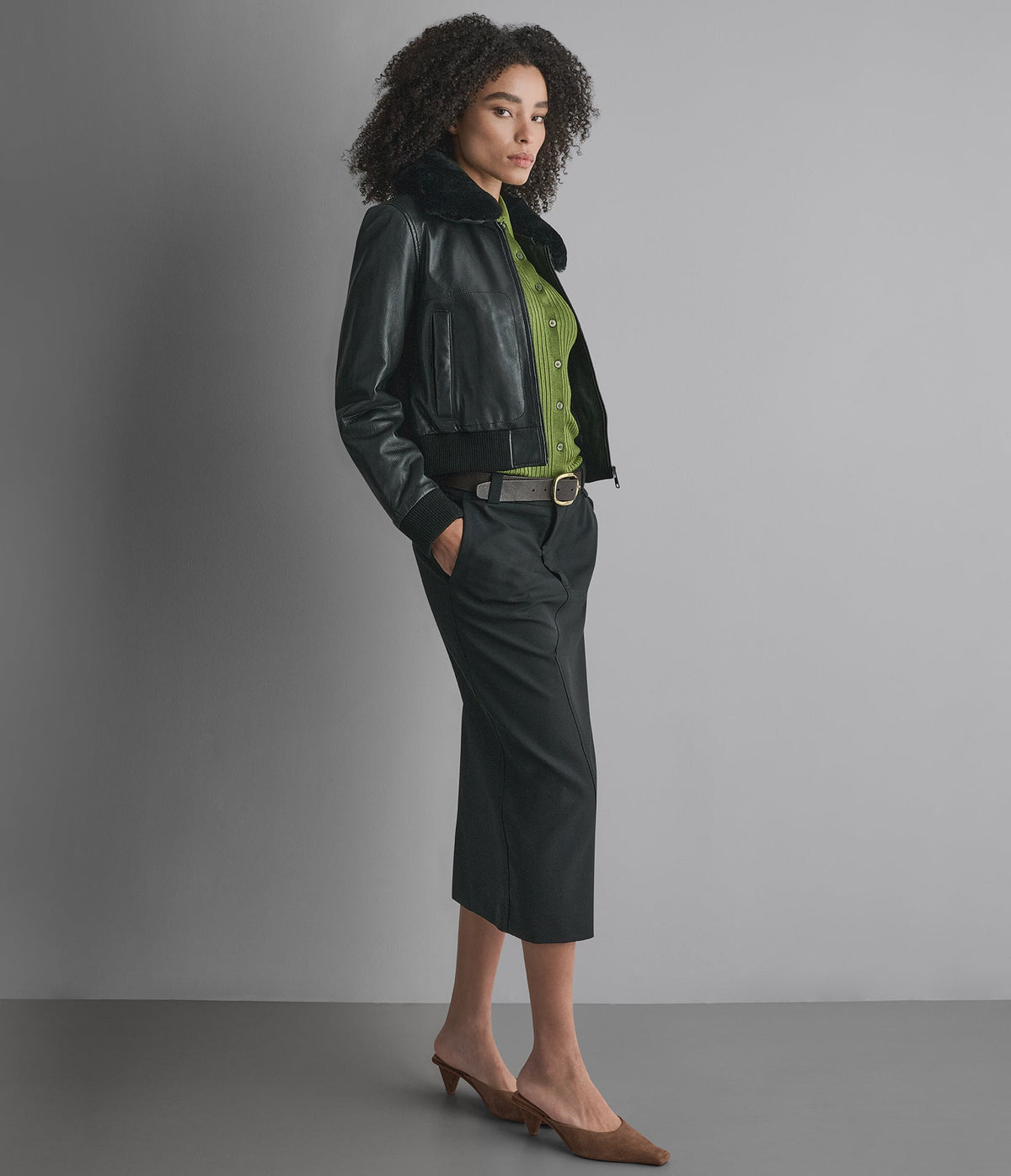 Avery Shearling Collar Leather Cropped Bomber Jacket