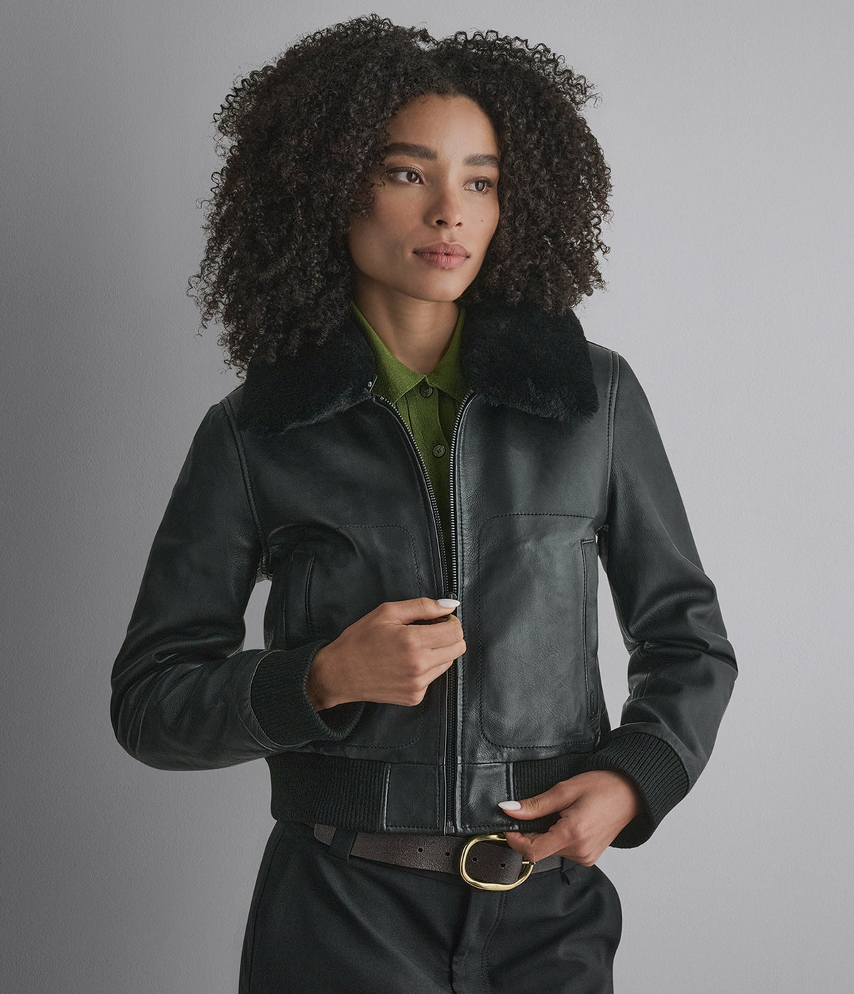 Avery Shearling Collar Leather Cropped Bomber Jacket