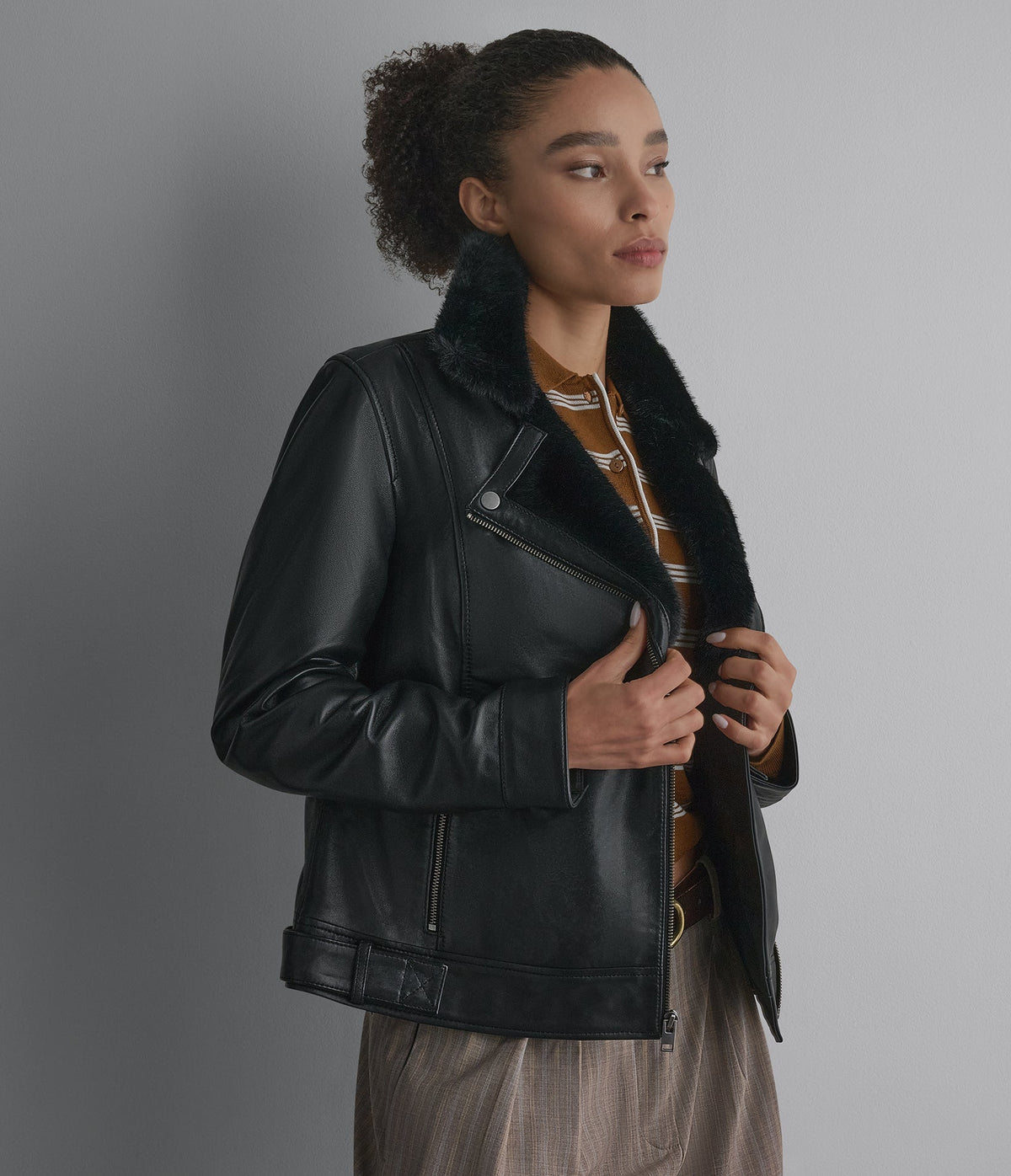 Macie Faux Fur Collar Leather Moto Jacket