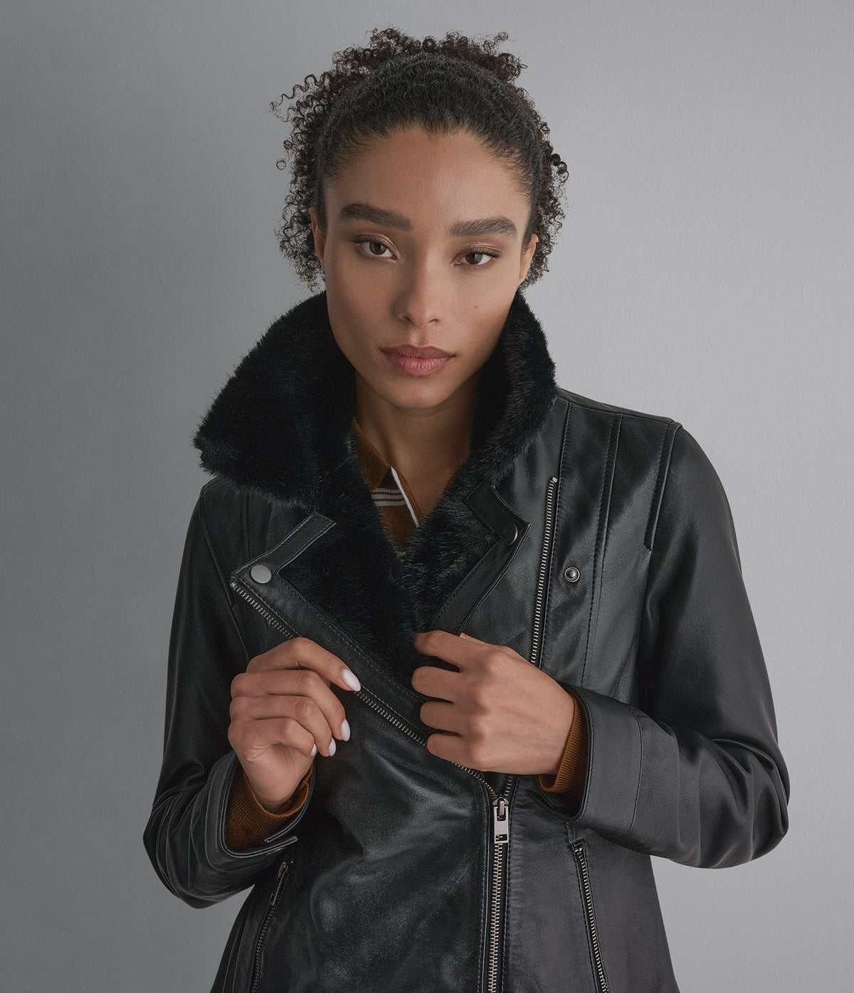 Macie Faux Fur Collar Leather Moto Jacket