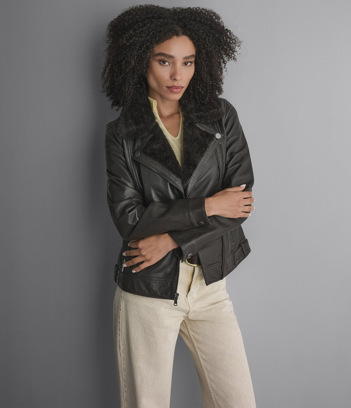 Macie Faux Fur Collar Leather Moto Jacket