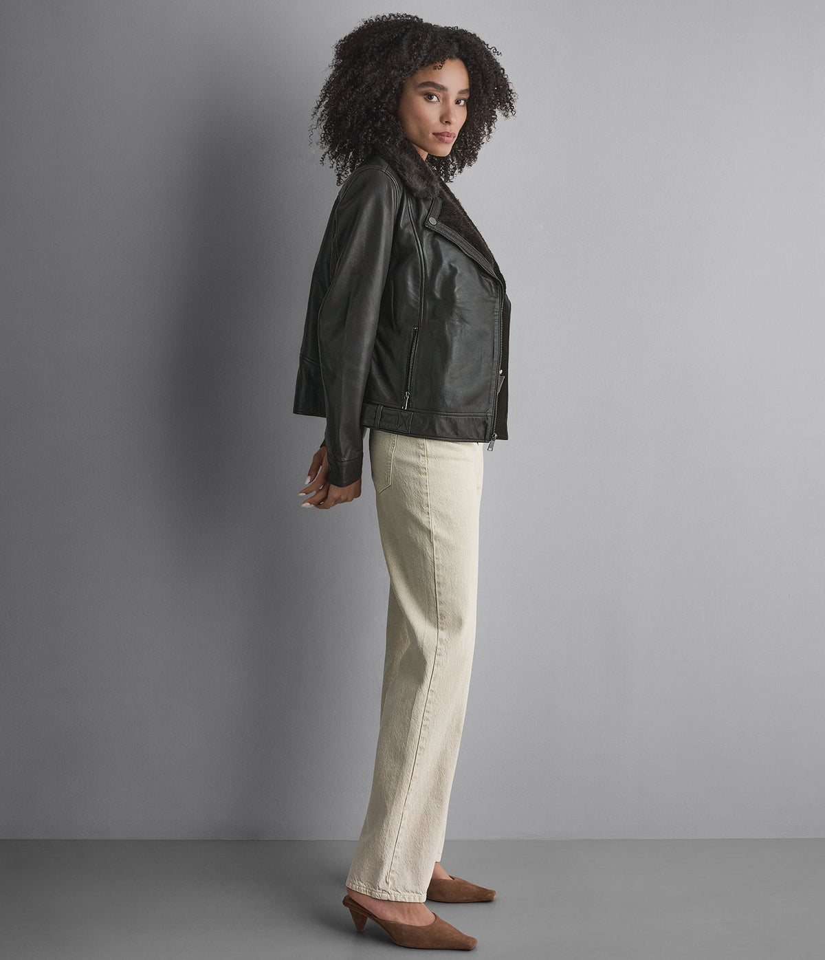 Macie Faux Fur Collar Leather Moto Jacket