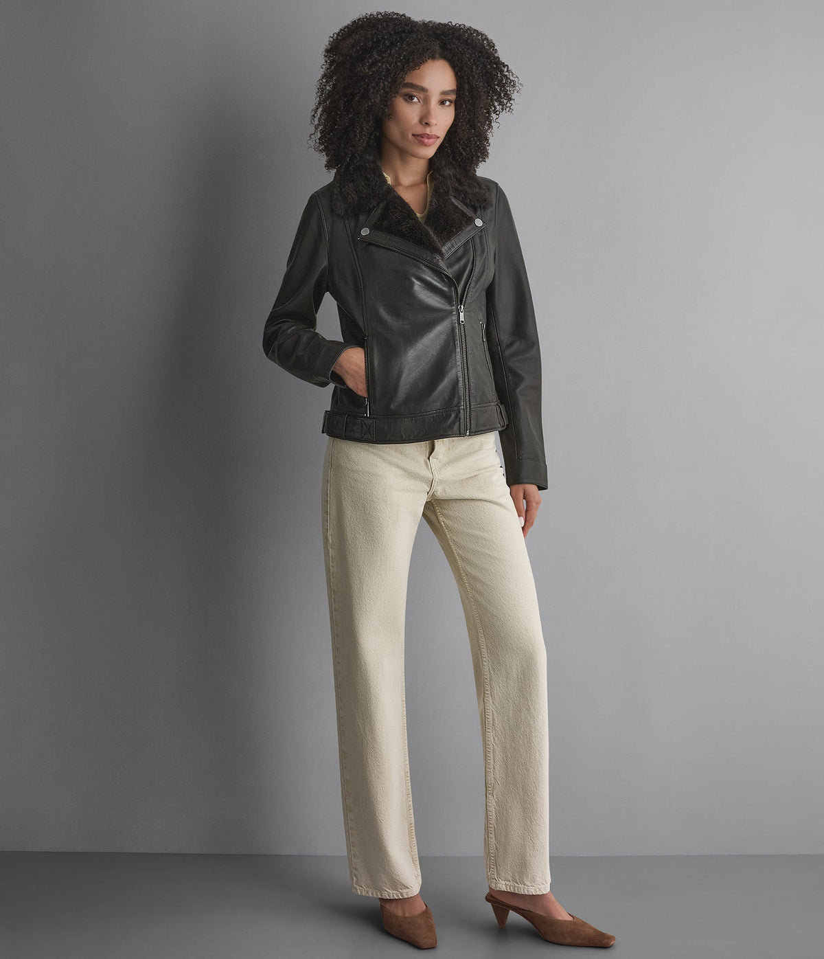 Macie Faux Fur Collar Leather Moto Jacket