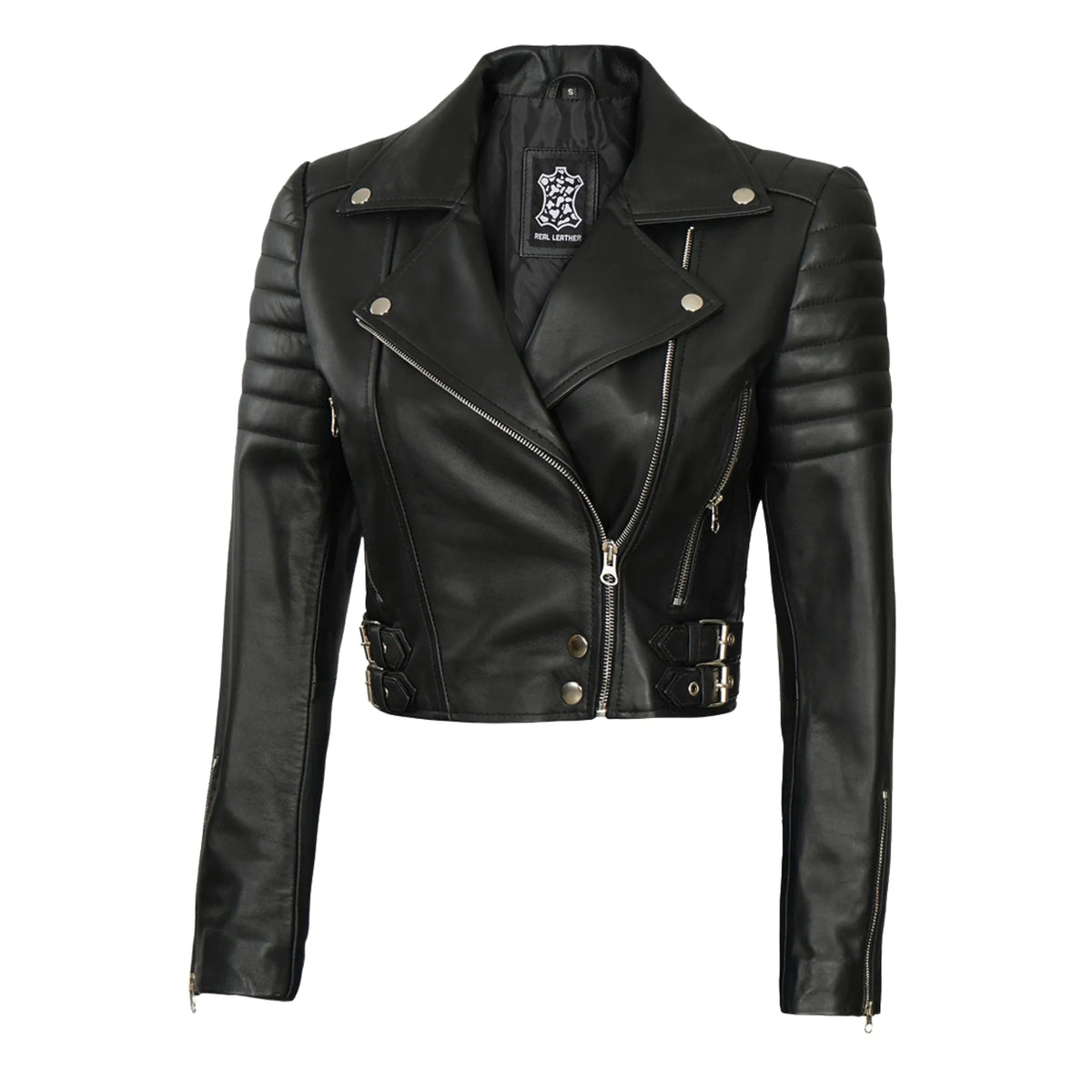 Women Asymmetrical Black Cropped Biker Style Sheepskin Leather Jacket