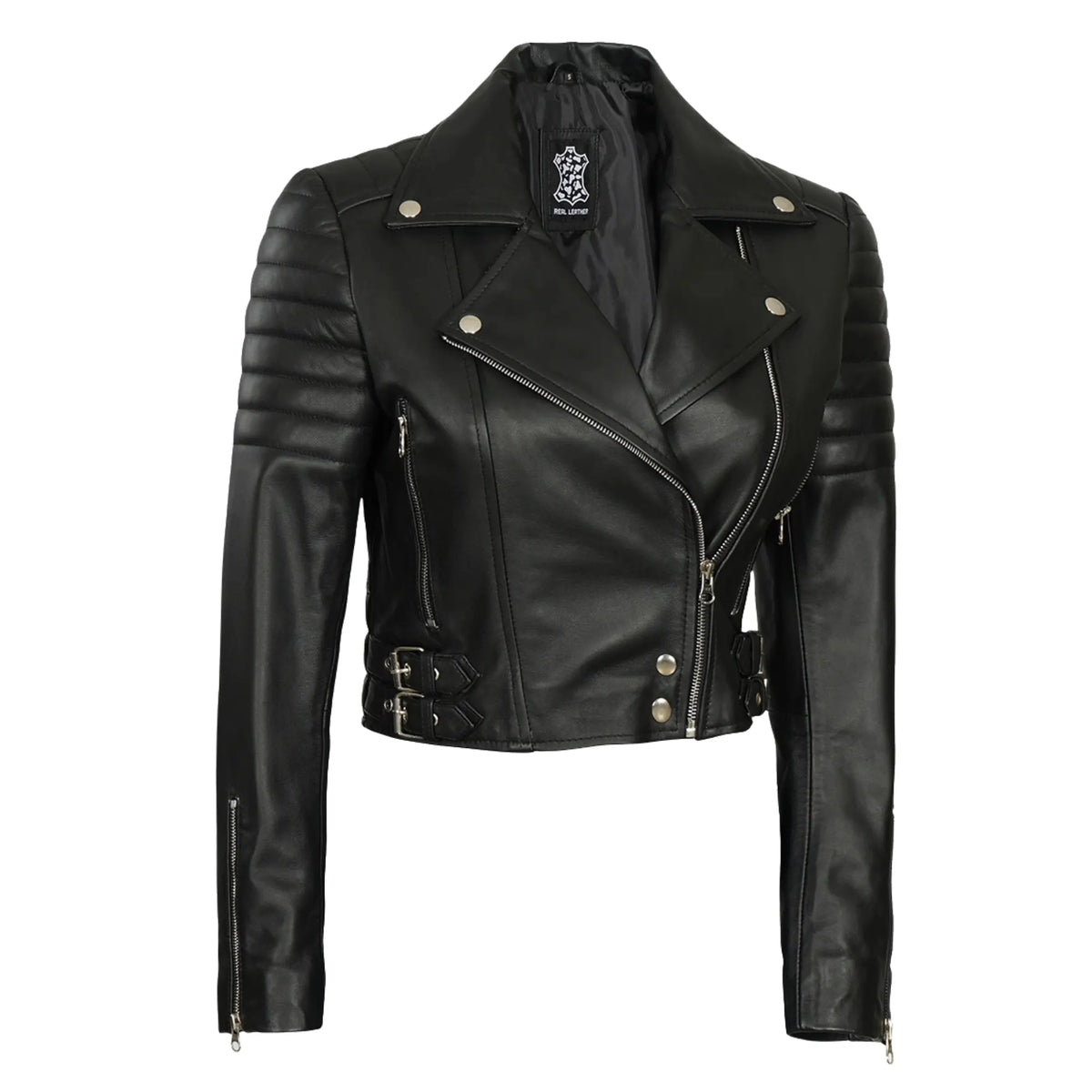 Women Asymmetrical Black Cropped Biker Style Sheepskin Leather Jacket