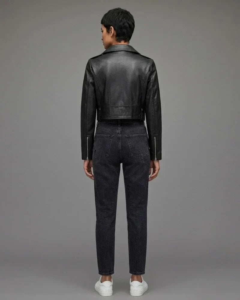 Sowachi Women Black Asymmetrical Cropped Leather Jacket