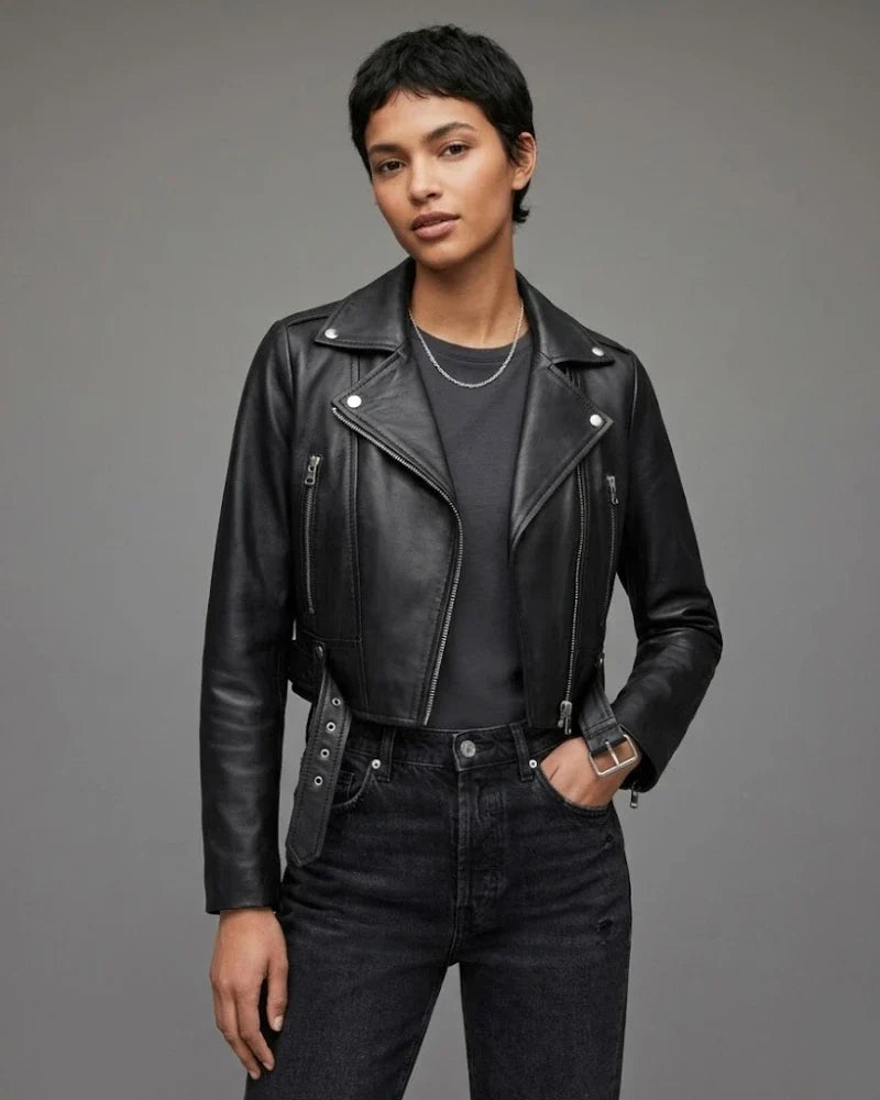 Sowachi Women Black Asymmetrical Cropped Leather Jacket