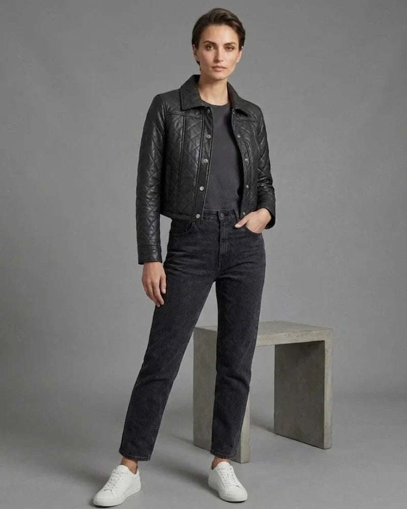 Sowachi Women Black Leather Cropped Quilted Jacket