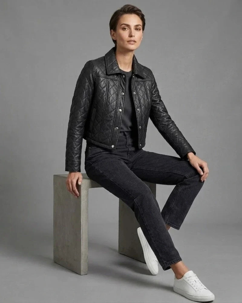 Sowachi Women Black Leather Cropped Quilted Jacket