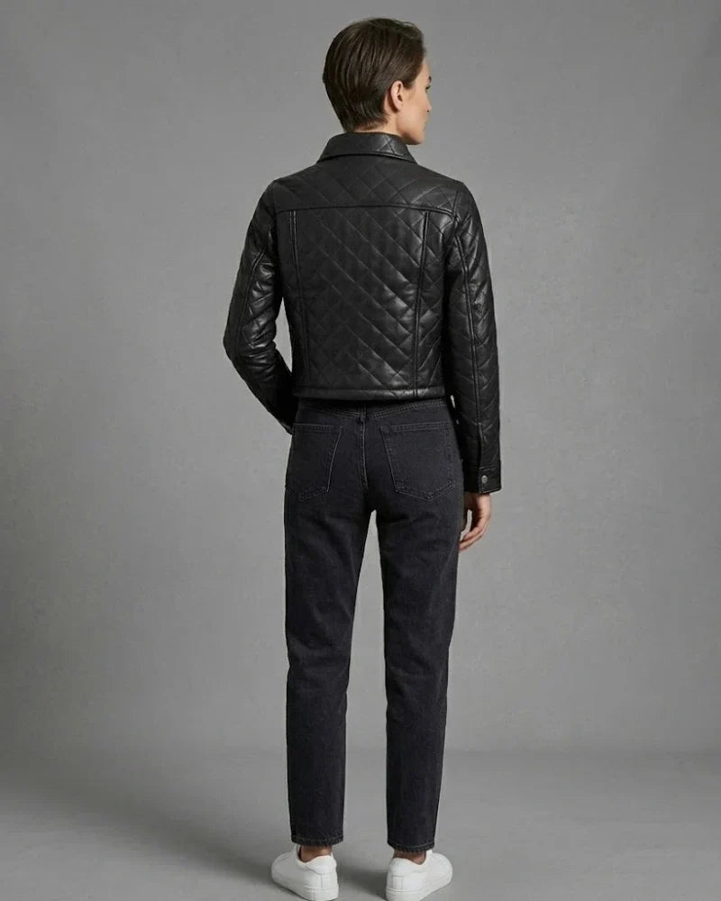 Sowachi Women Black Leather Cropped Quilted Jacket