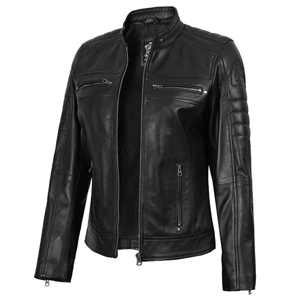 Sowachi Zavielle - Women's Quilted Black Cafe Racer Leather Jacket