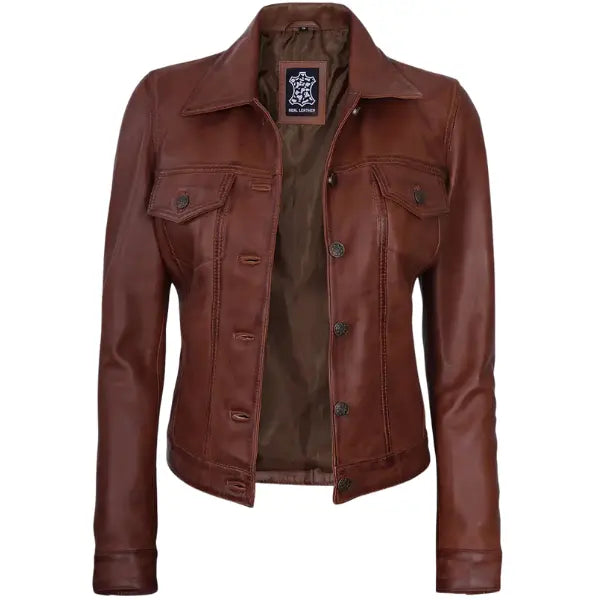 Sowachi Cavielle - Women's Cognac Brown Trucker Leather Jacket