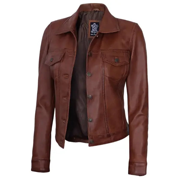 Sowachi Cavielle - Women's Cognac Brown Trucker Leather Jacket