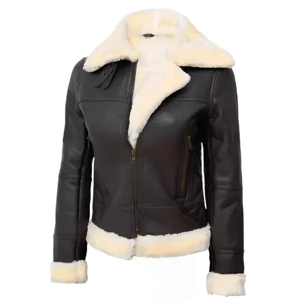 Sowachi Brunelle - Women's Dark Brown Shearling Leather Bomber Jacket