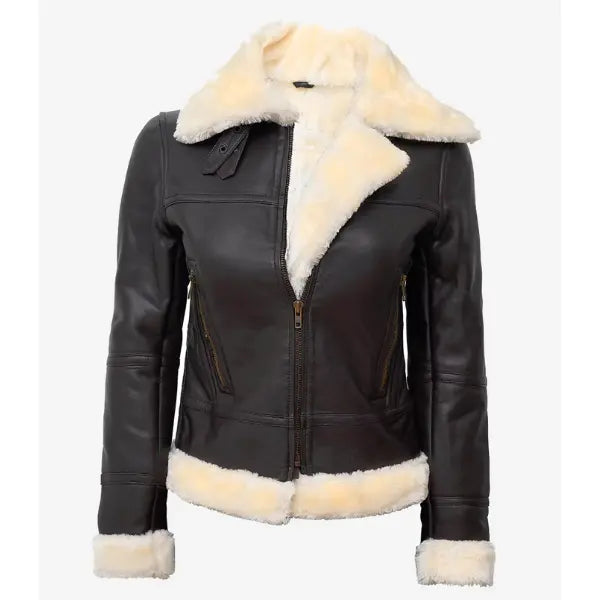 Sowachi Brunelle - Women's Dark Brown Shearling Leather Bomber Jacket