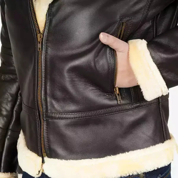 Sowachi Brunelle - Women's Dark Brown Shearling Leather Bomber Jacket