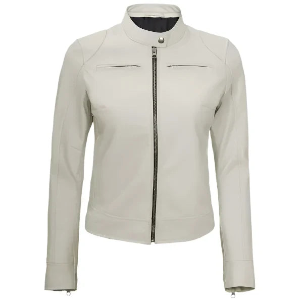 Sowachi Avelisse - Women's Off-White Sheepskin Cafe Racer Leather Jacket