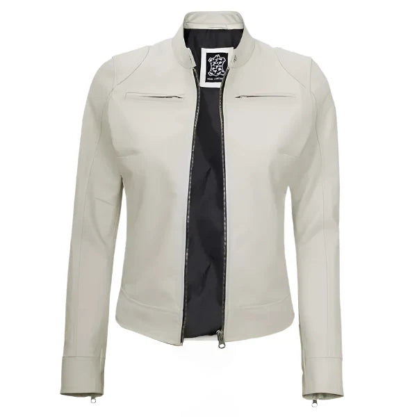 Sowachi Avelisse - Women's Off-White Sheepskin Cafe Racer Leather Jacket