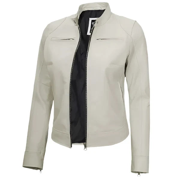 Sowachi Avelisse - Women's Off-White Sheepskin Cafe Racer Leather Jacket