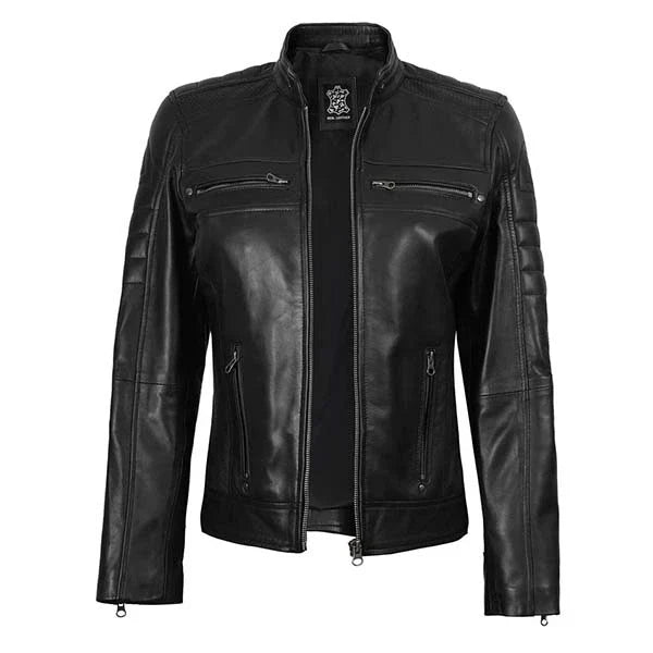 Sowachi Zavielle - Women's Quilted Black Cafe Racer Leather Jacket