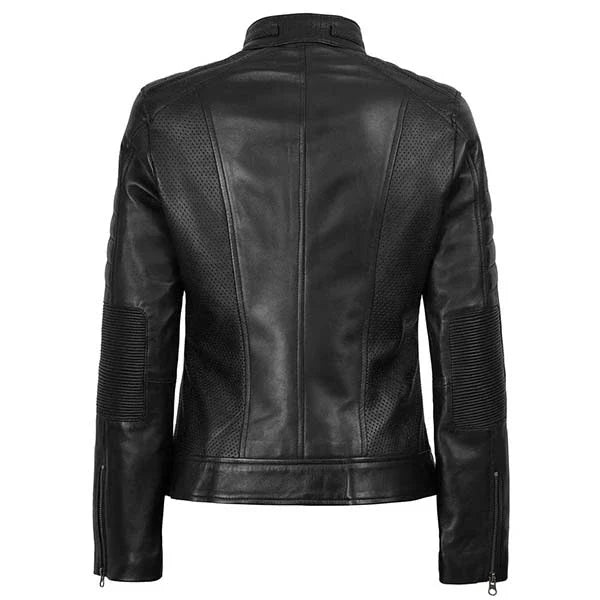 Sowachi Zavielle - Women's Quilted Black Cafe Racer Leather Jacket