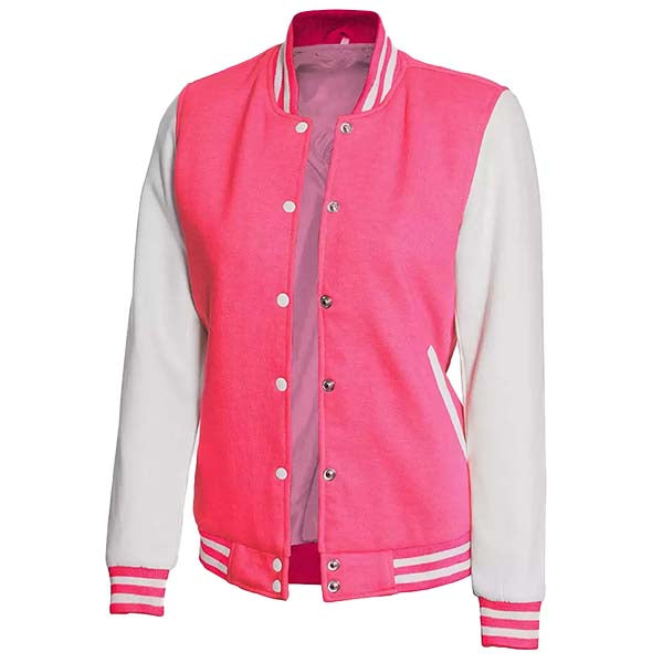 Sowachi Rosavelle - Women's Pink and White Varsity Bomber Jacket