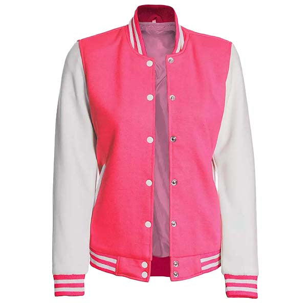 Sowachi Rosavelle - Women's Pink and White Varsity Bomber Jacket