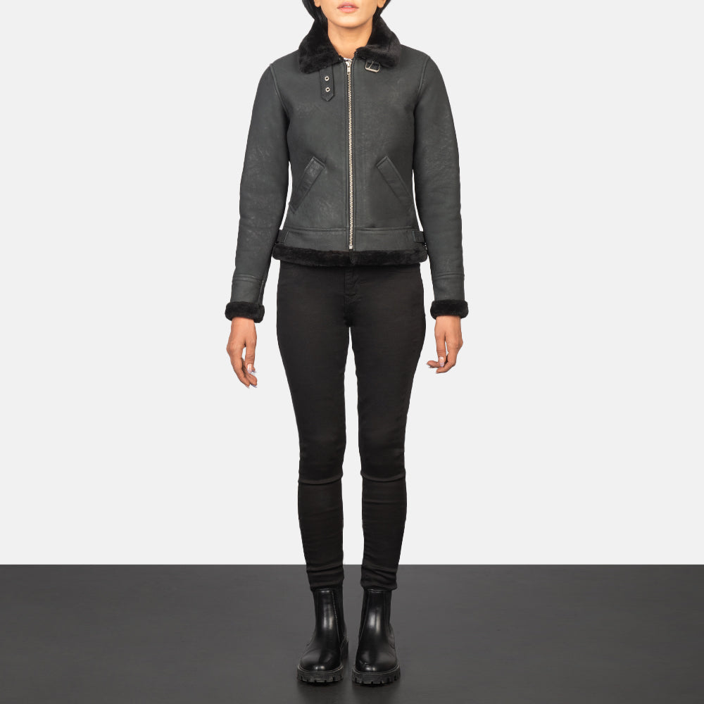 Sowachi Sherilyn B-3 Distressed Black Leather Bomber Jacket