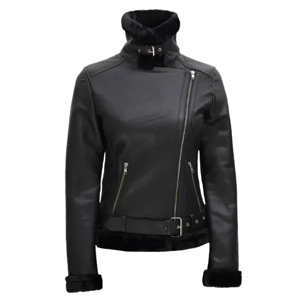 Sowachi Norelle - Women's Black Shearling Leather Moto Jacket