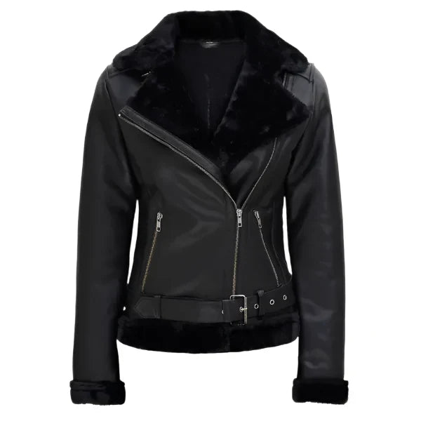 Sowachi Norelle - Women's Black Shearling Leather Moto Jacket