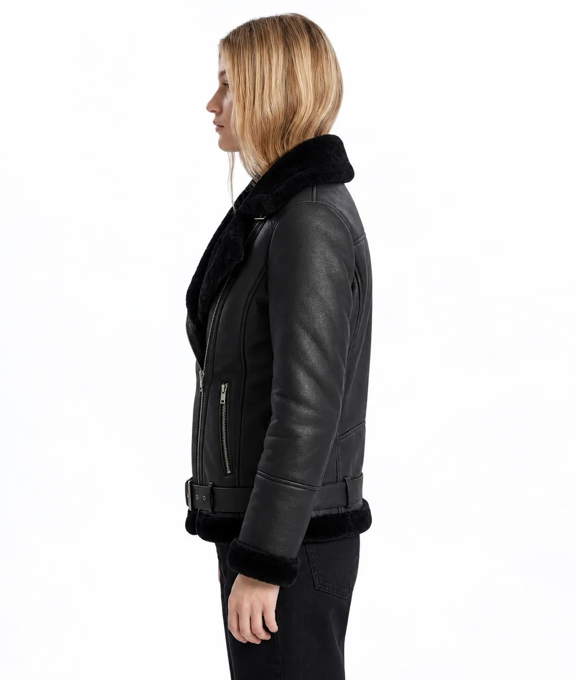 Sowachi Norelle - Women's Black Shearling Leather Moto Jacket