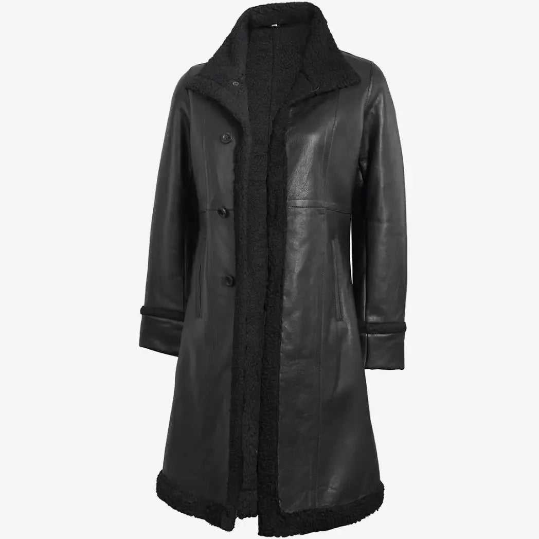Sowachi Women's 3/4 Length Black Shearling Real Leather Coat