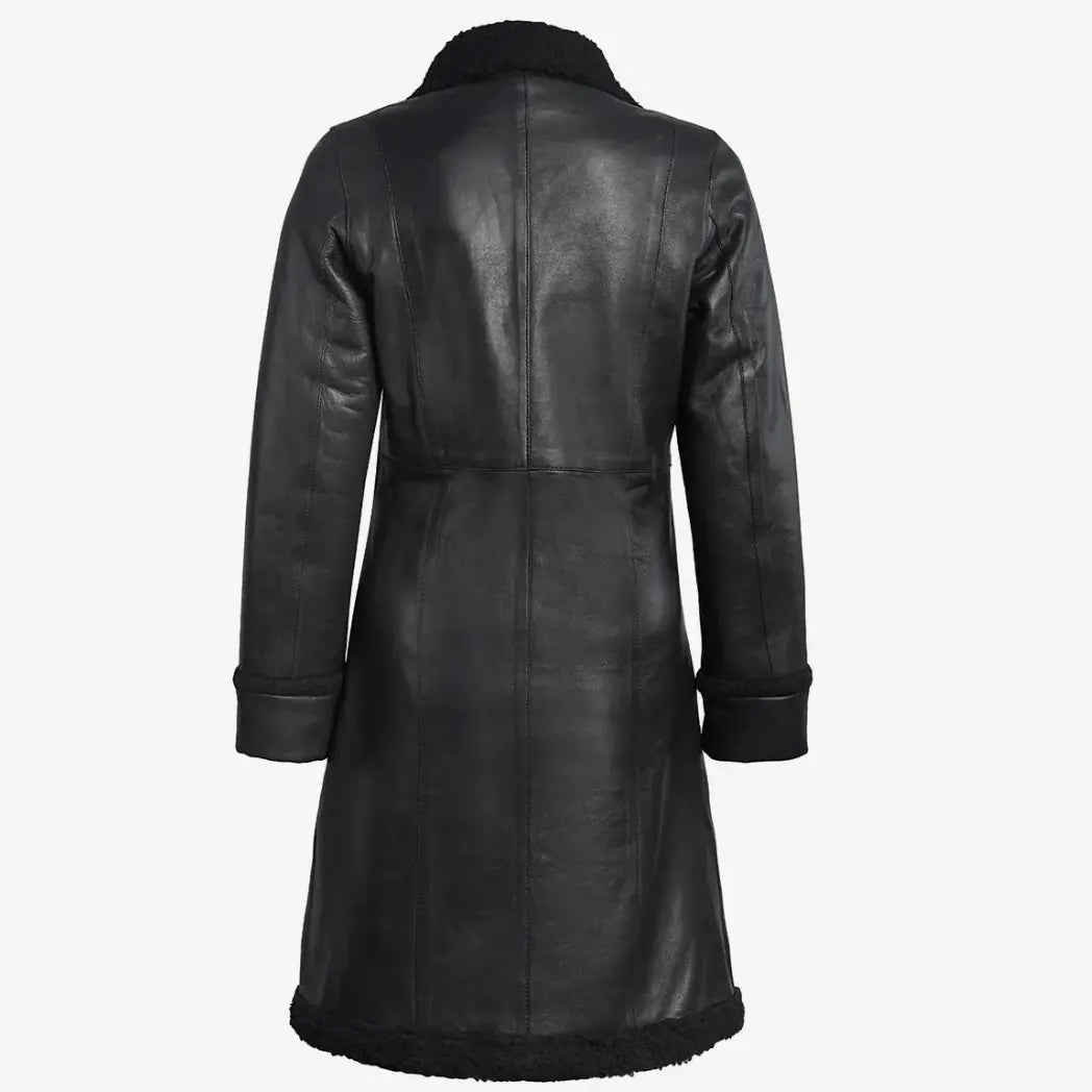 Sowachi Women's 3/4 Length Black Shearling Real Leather Coat