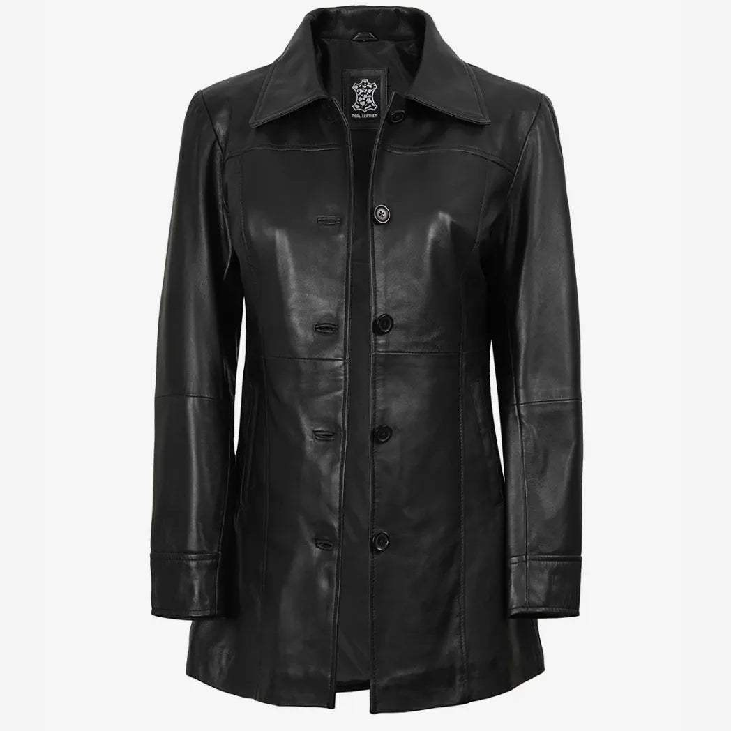 Sowachi Women's 3/4 Length Button Down Black Real Leather Coat