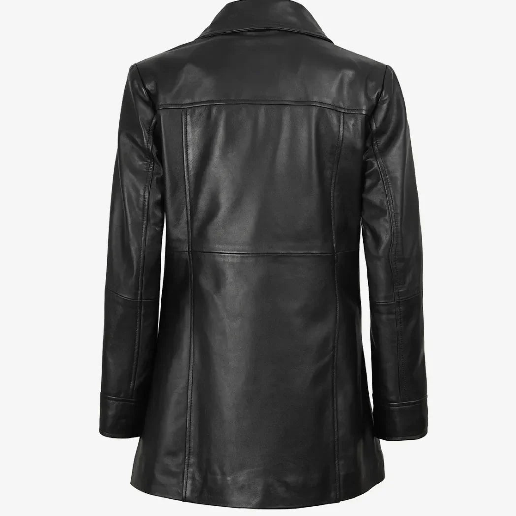 Sowachi Women's 3/4 Length Button Down Black Real Leather Coat