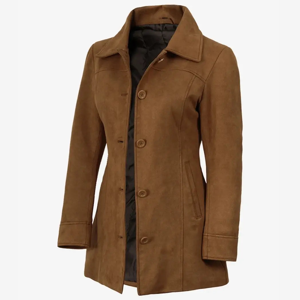 Sowachi Women's 3/4 Length Button Down Light Brown Faux Suede Coat
