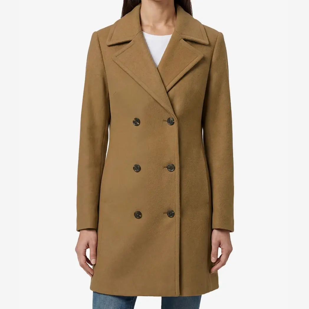 Sowachi Women's 3/4 Length Camel Brown Double Breasted Wool Coat