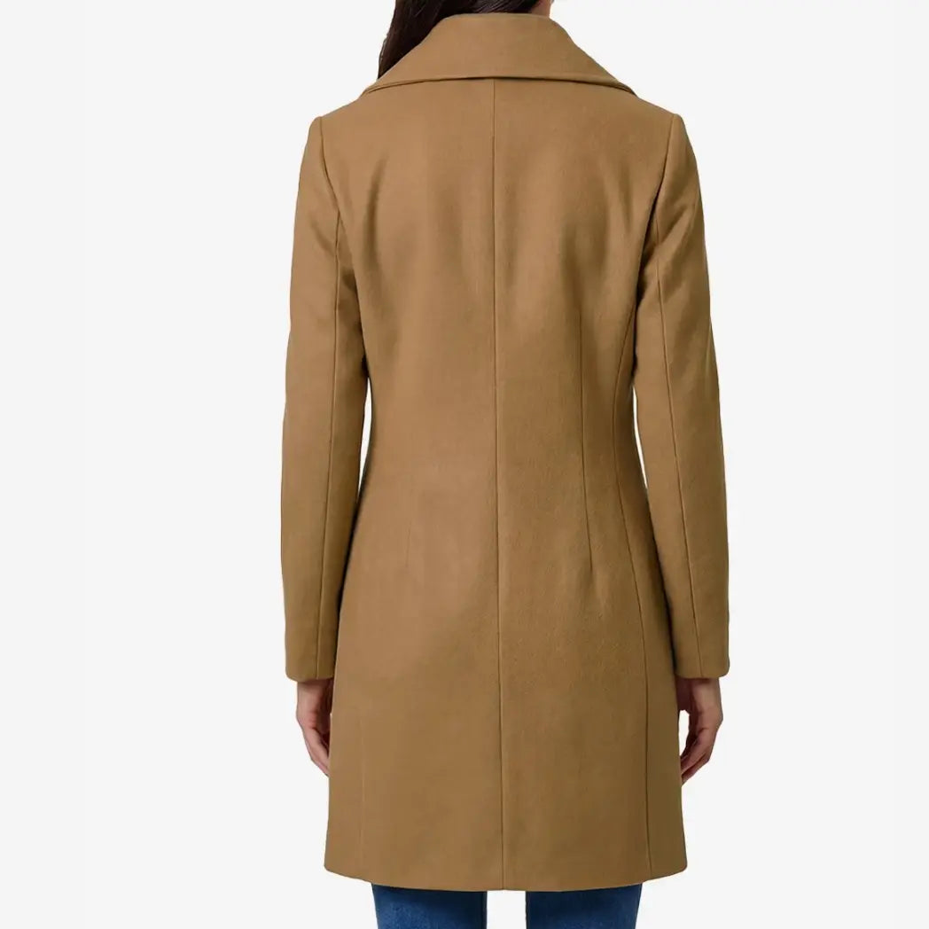 Sowachi Women's 3/4 Length Camel Brown Double Breasted Wool Coat