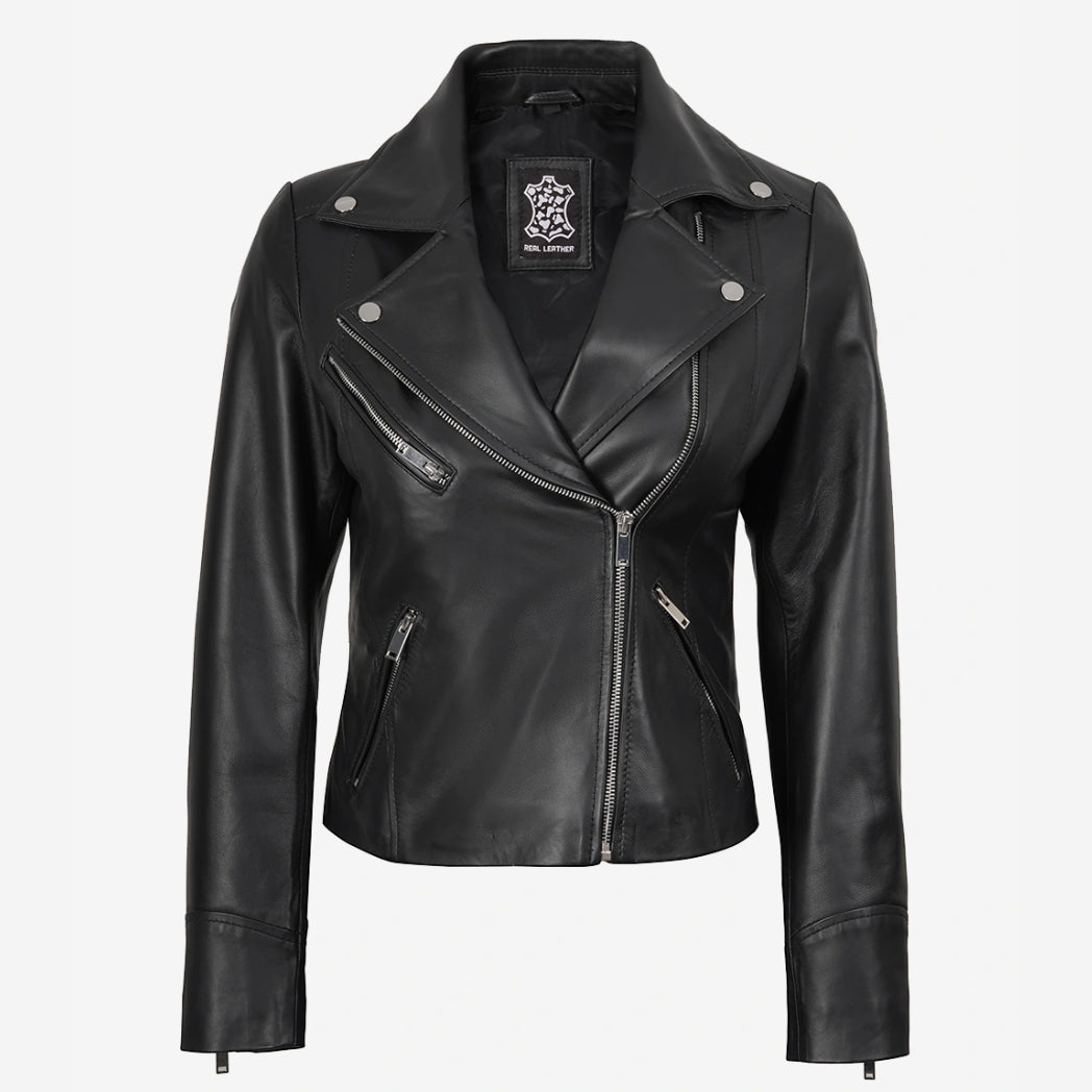 Sowachi Women's Asymmetrical Black Leather Biker Style Jacket