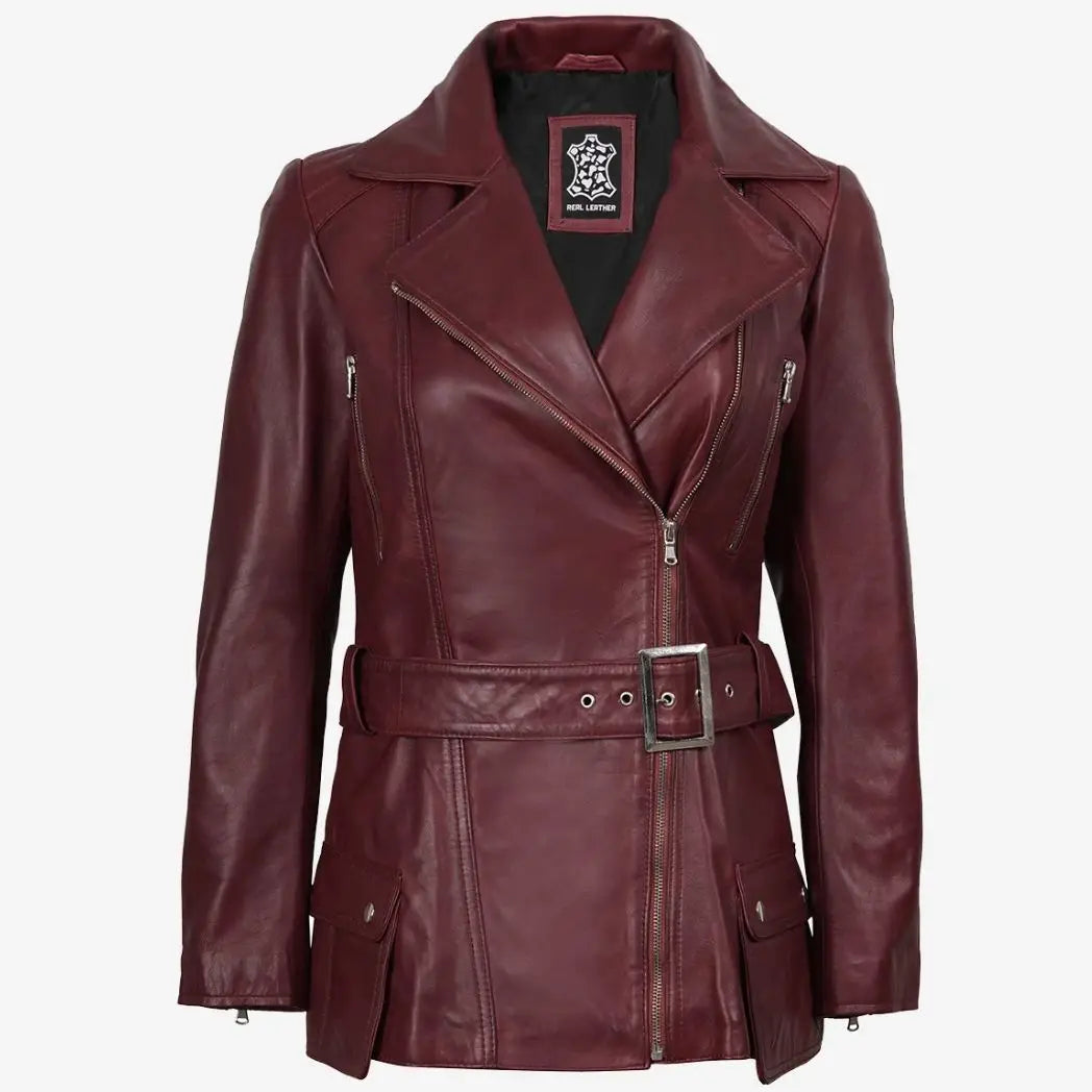 Sowachi Women's Asymmetrical Maroon Belted Biker Style Leather Jacket