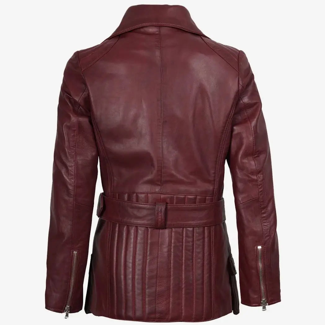Sowachi Women's Asymmetrical Maroon Belted Biker Style Leather Jacket