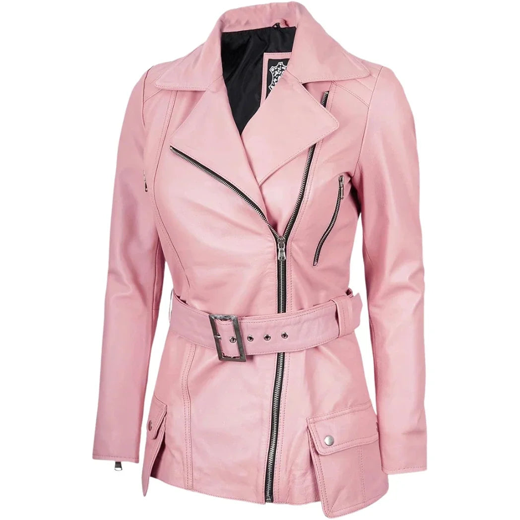 Women's Asymmetrical Pink Long Biker Style Leather Jacket