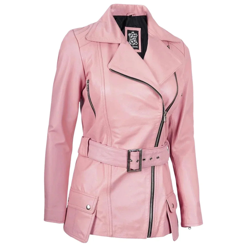Women's Asymmetrical Pink Long Biker Style Leather Jacket