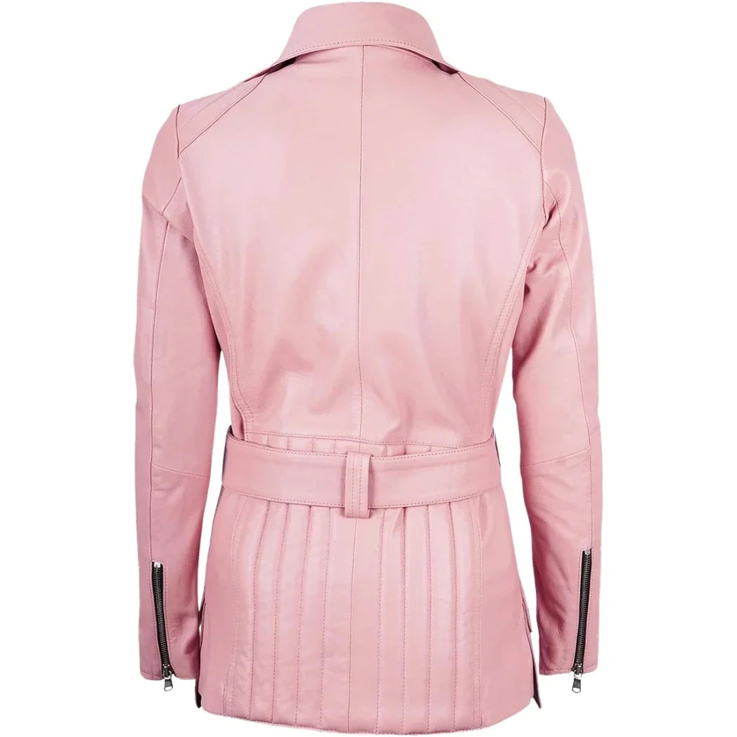 Women's Asymmetrical Pink Long Biker Style Leather Jacket