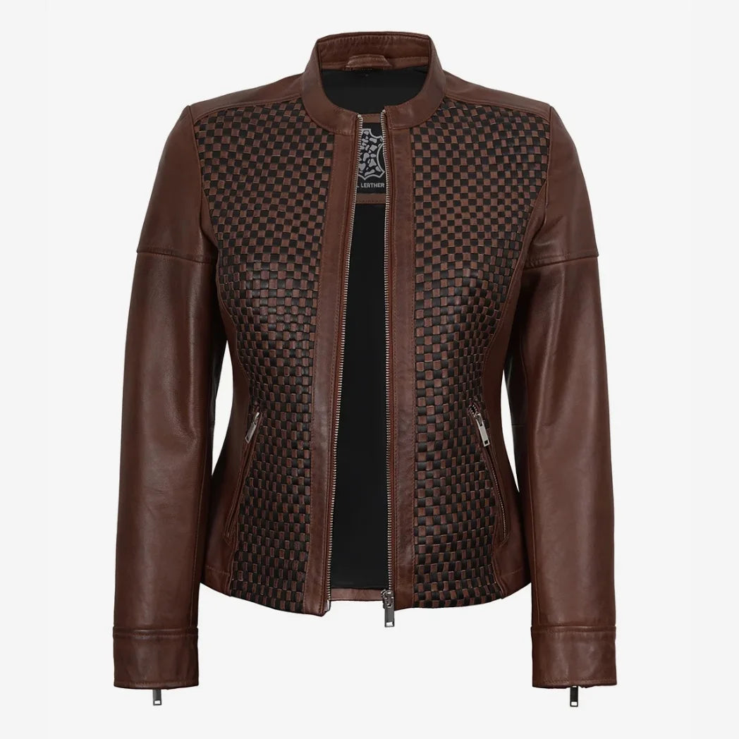 Sowachi Women's Biker Style Cognac Textured Lambskin Leather Jacket