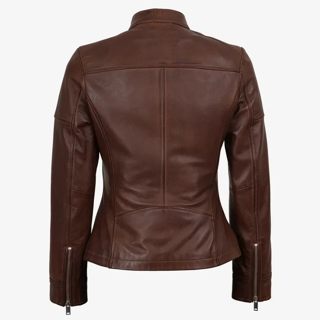 Sowachi Women's Biker Style Cognac Textured Lambskin Leather Jacket